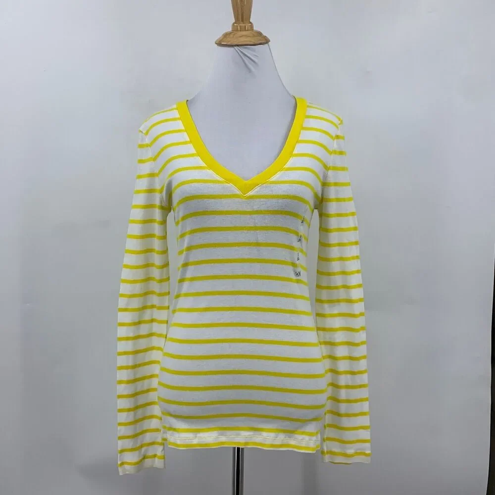 Old Navy V Neck Tee Womens S Small Lemon Striped Long Sleeve Cotton Shirt
